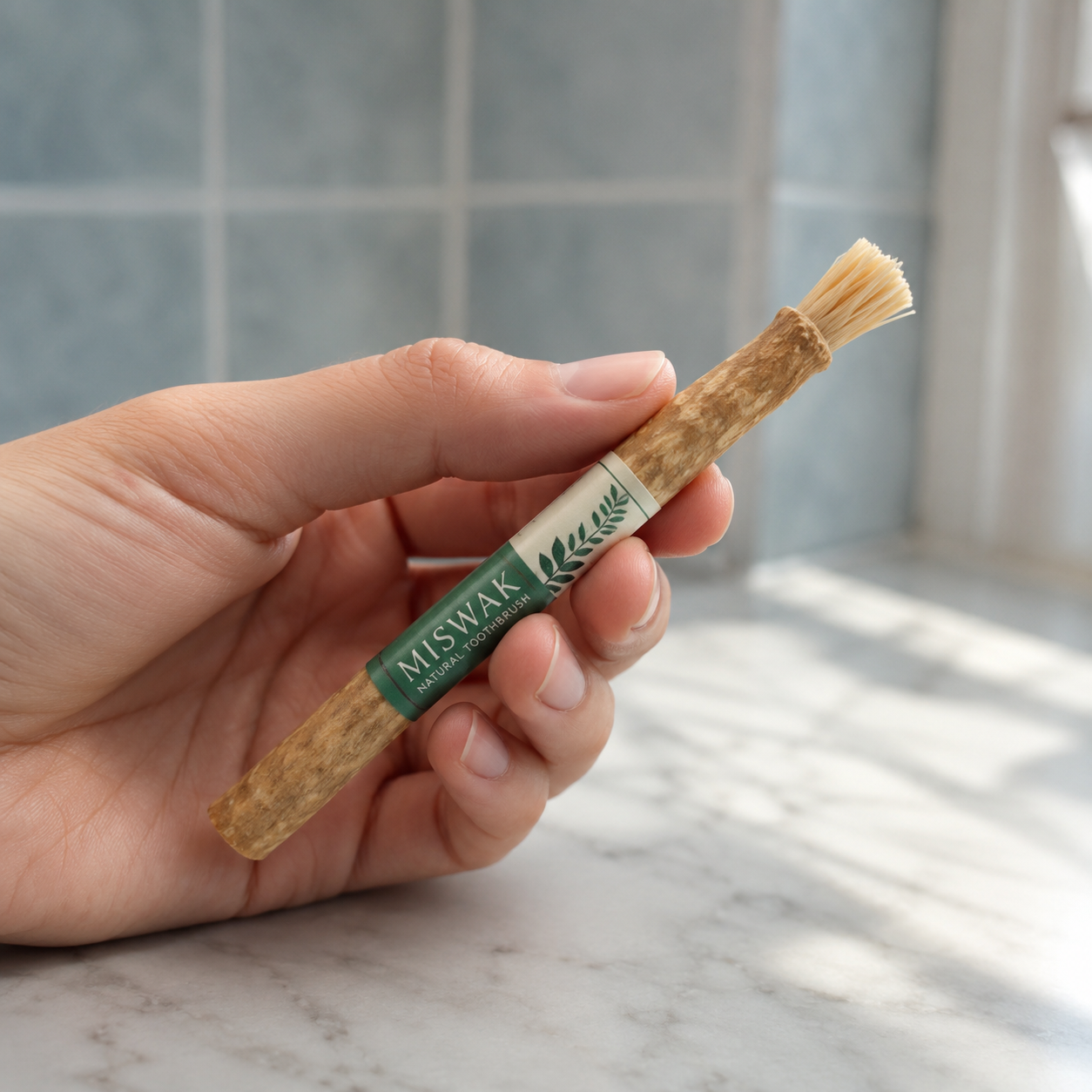 Ancient Miswak Toothbrush 1pc - held in hand in bathroom setting